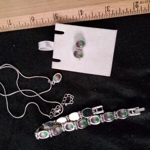3 Piece Silver-tone Necklace, Earrings &  Bracelet 3 Color Gem Stones